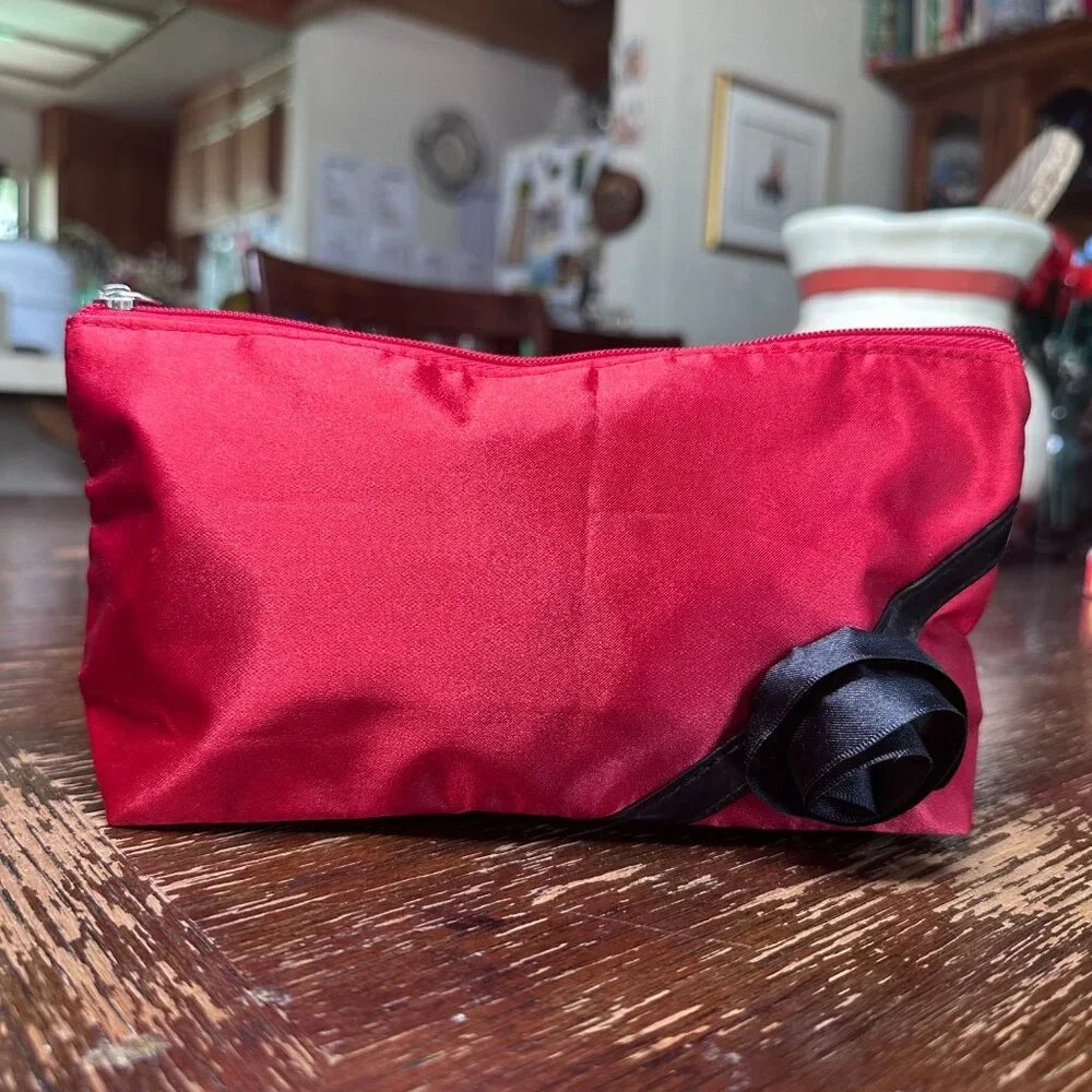 Lancome Red Satin Cosmetic Pouch With Black Accent Trim & Rose Detail